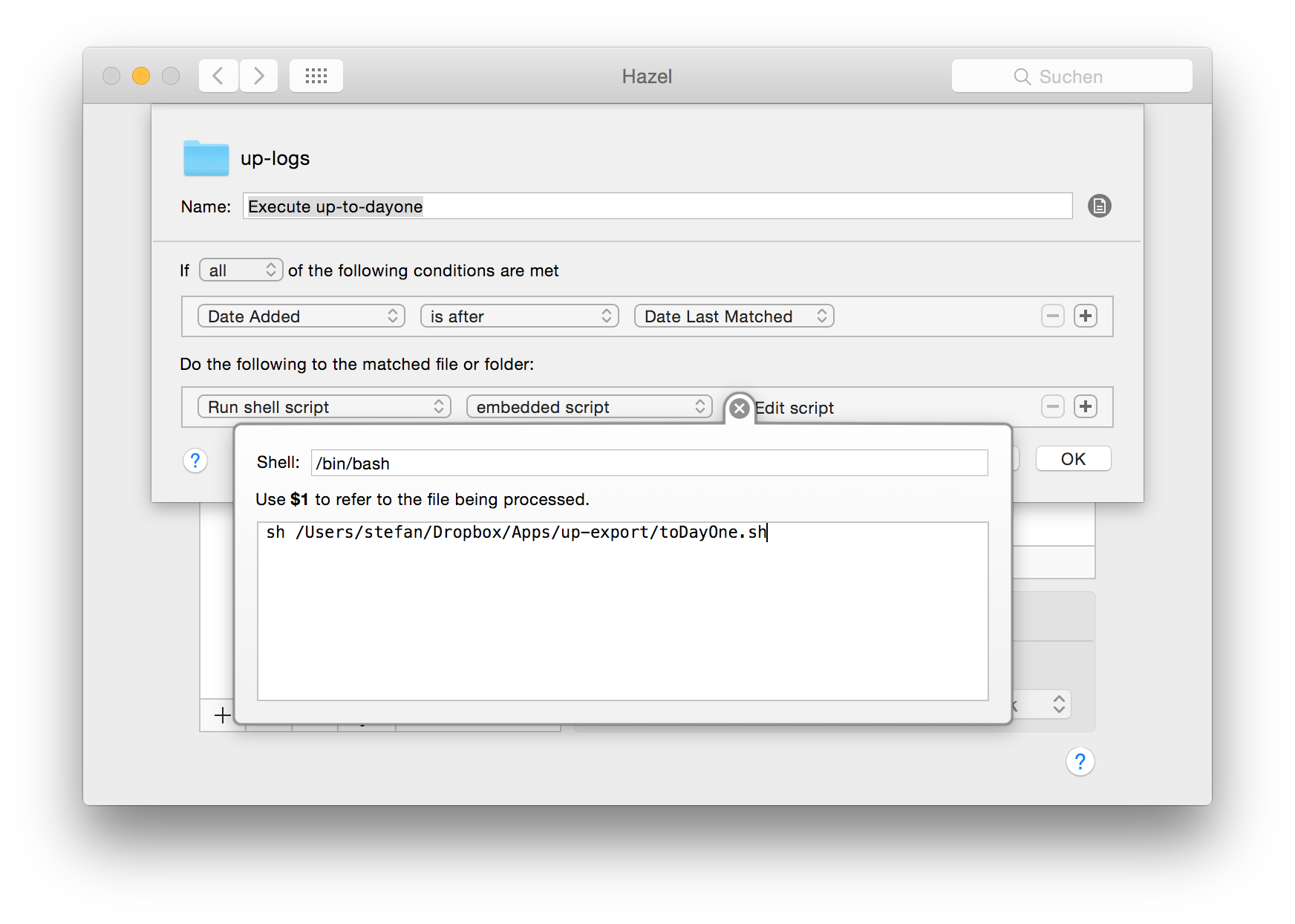 Hazel rule to execute the toDayOne.sh script as soon a new file is added to your Dropbox folder.