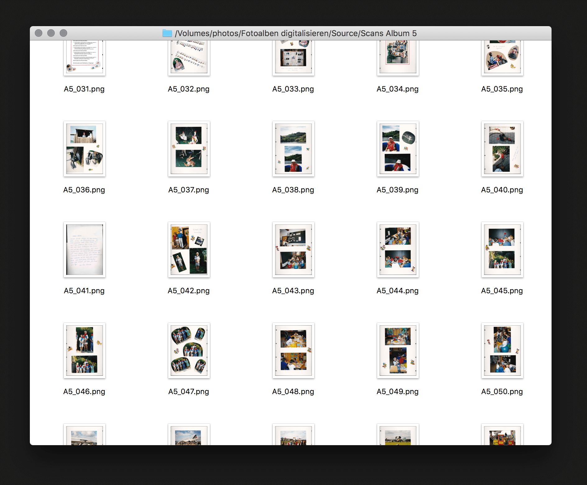 A handful of scanned album pages. These are the source files which are being processed in the next step.