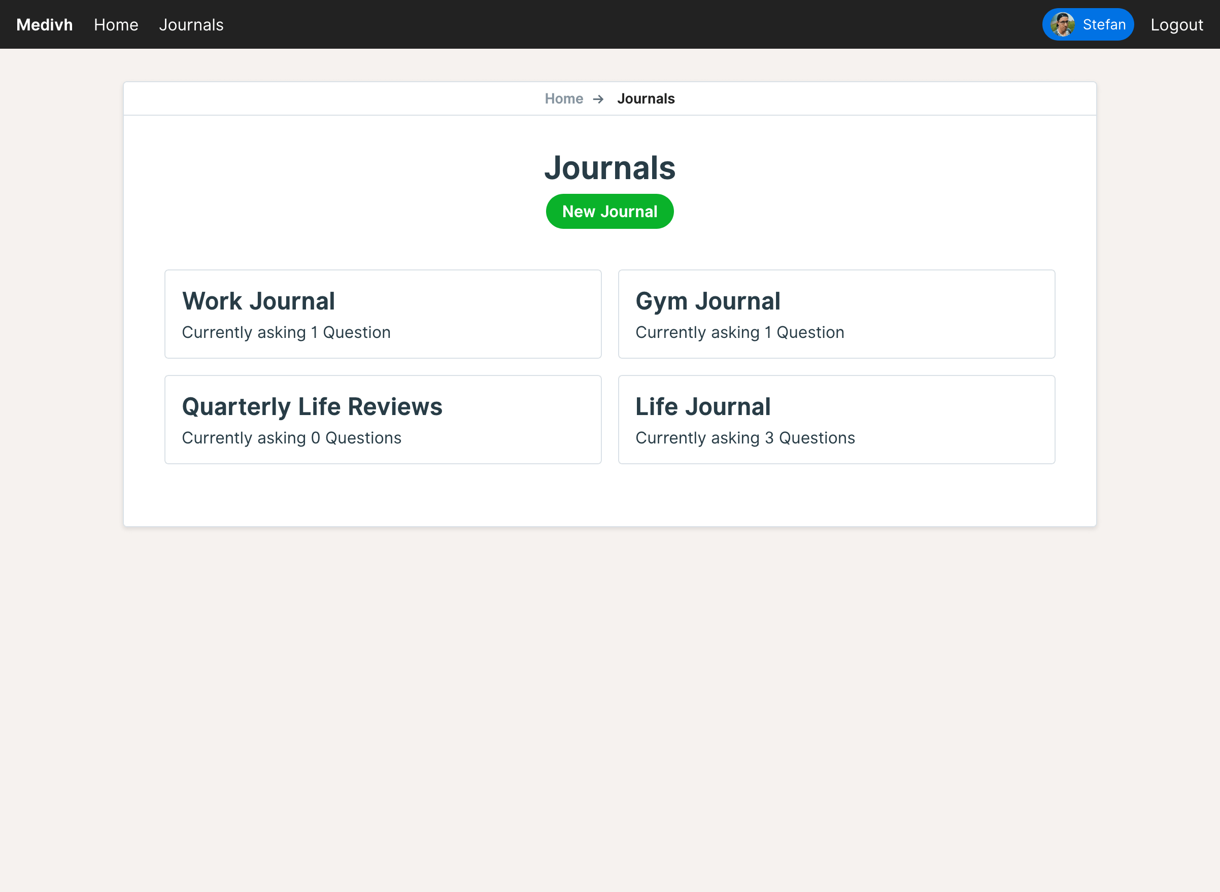 Overview of all available Journals of the current user