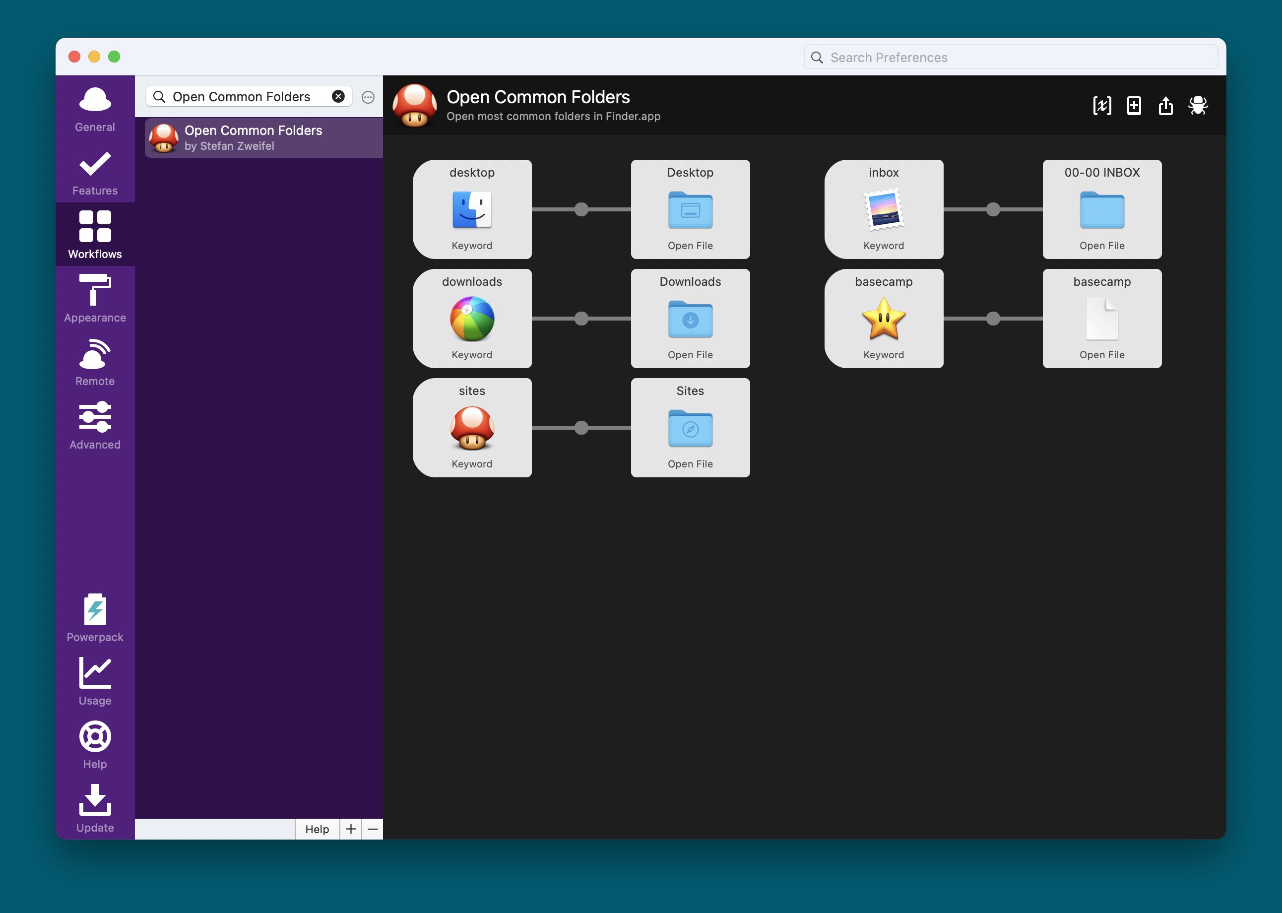 Screenshot of the Common Folders Workflow in Alfred.