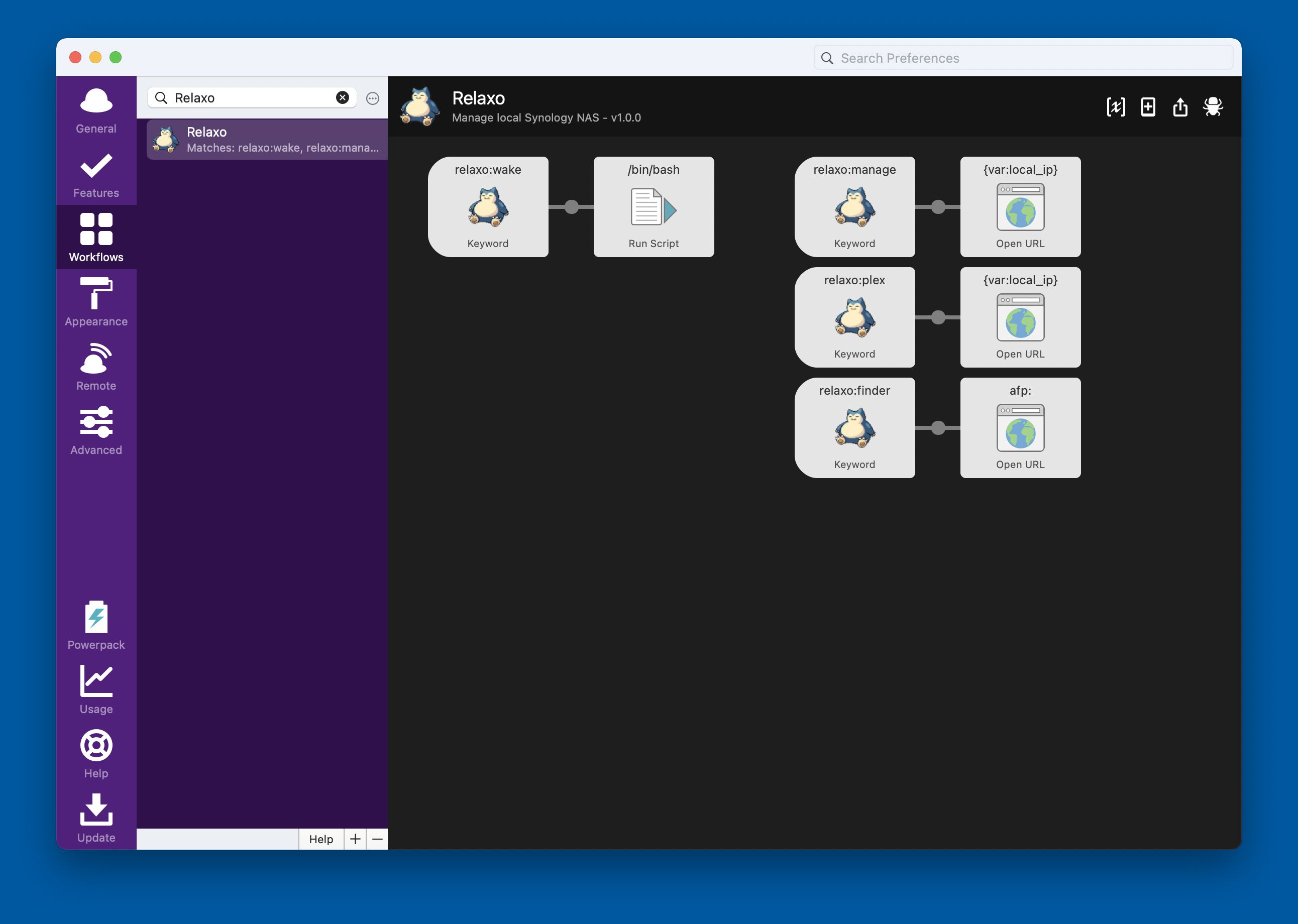 Screenshot of the Relaxo/Snorlax Workflow to manage my Synology NAS.