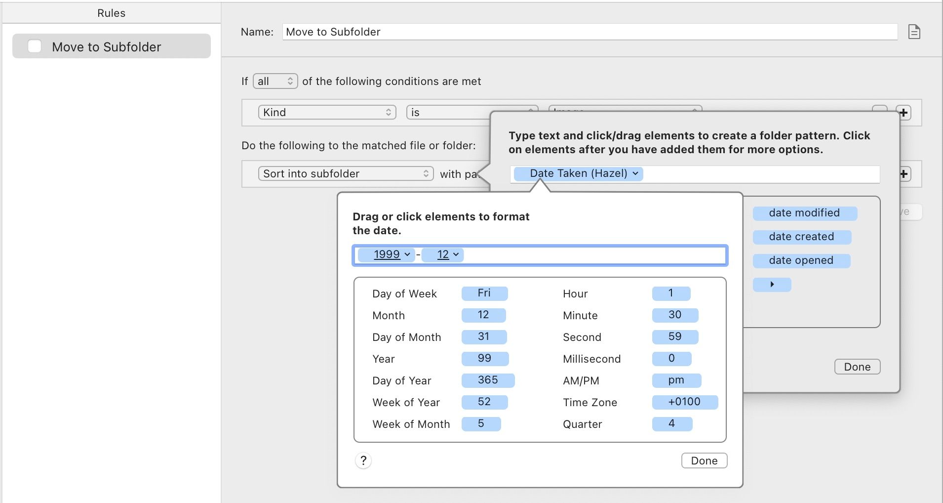 Screenshot of Hazel.app showing a rule that uses the 'Sort into subfolder' action and the 'Date Taken' attribute.