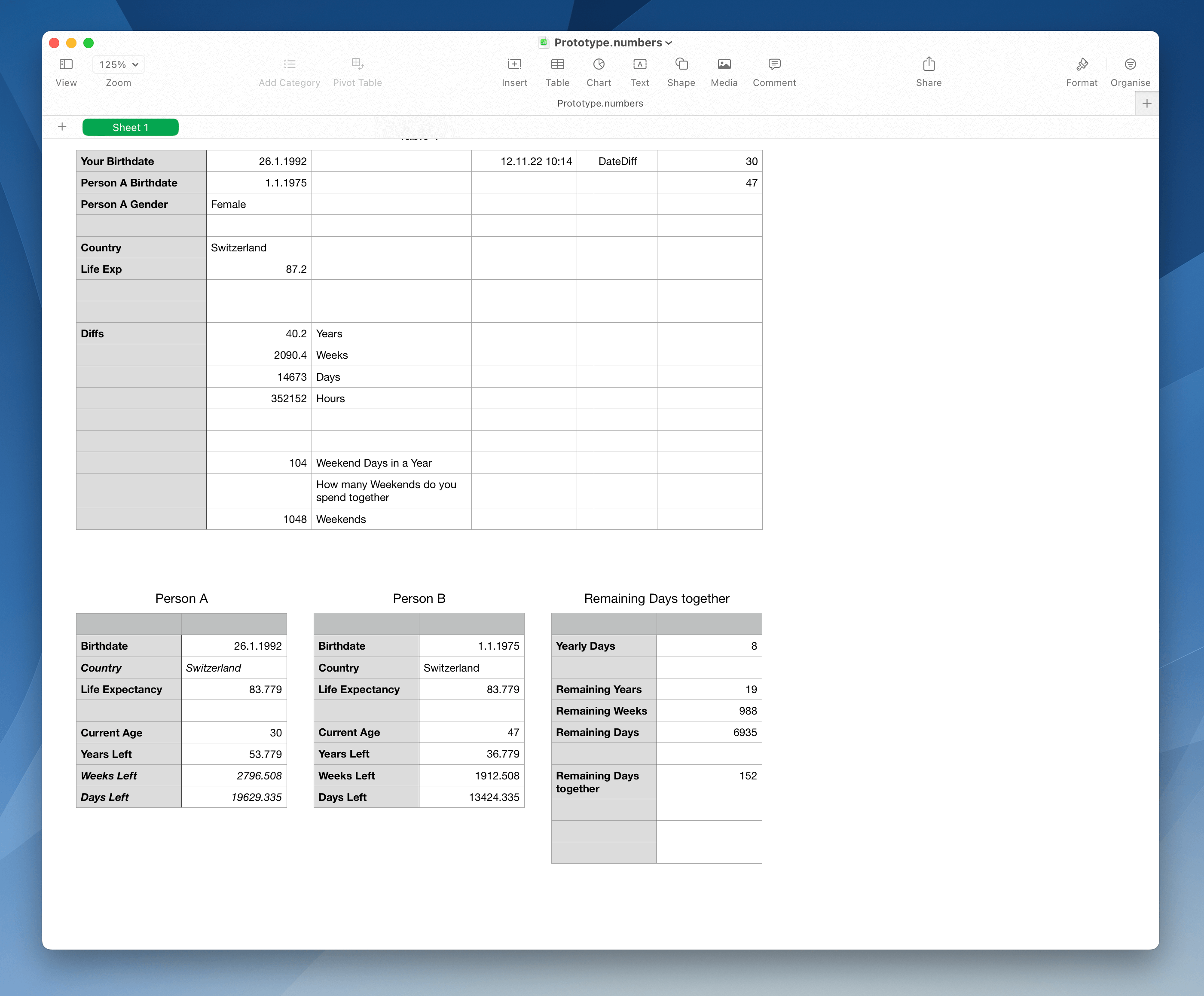 Screenshot of Numbers.app showing an early prototype of the life visualisation app.