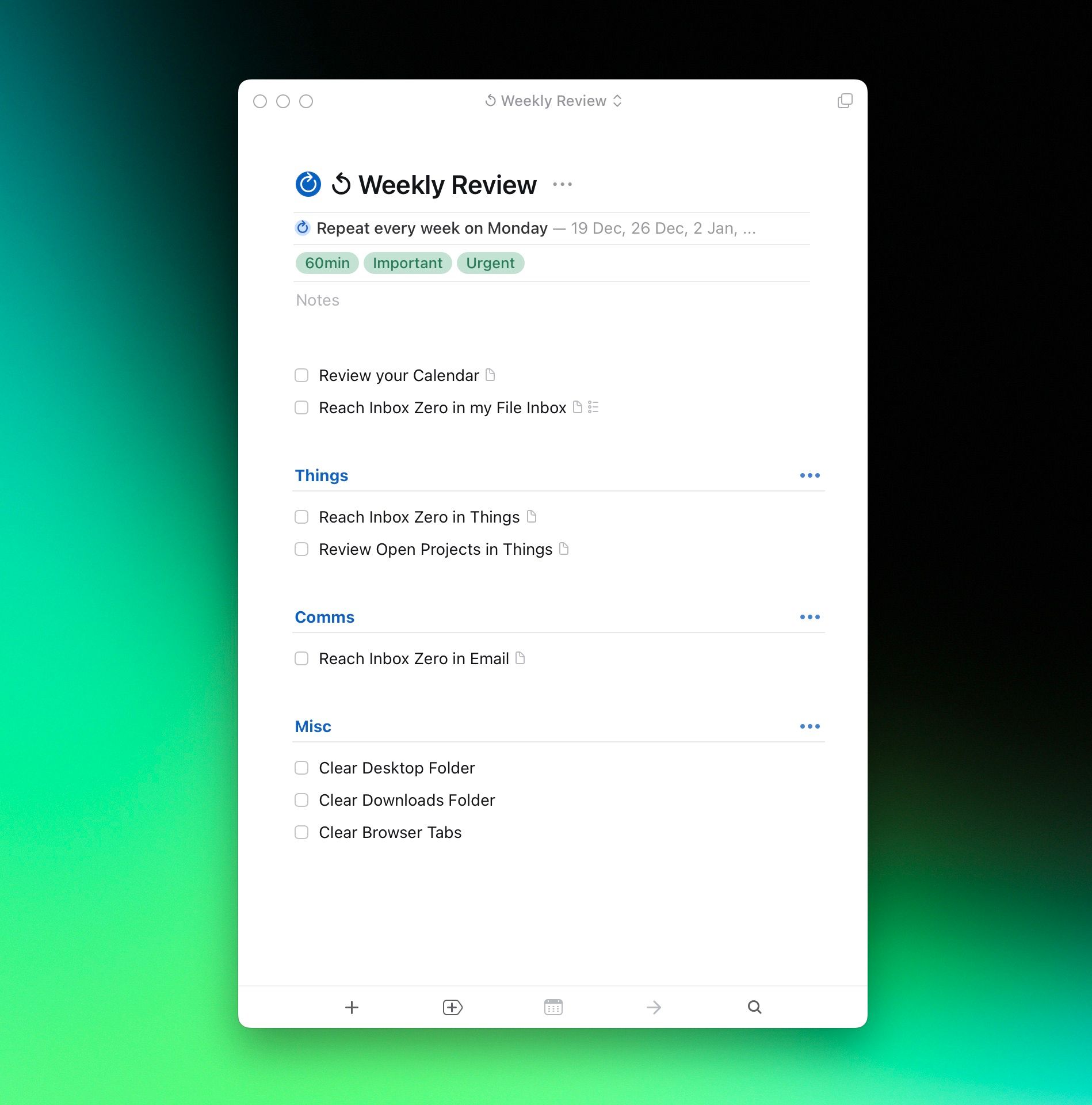 Screenshot of my recurring 'Weekly Review' projects in Things.