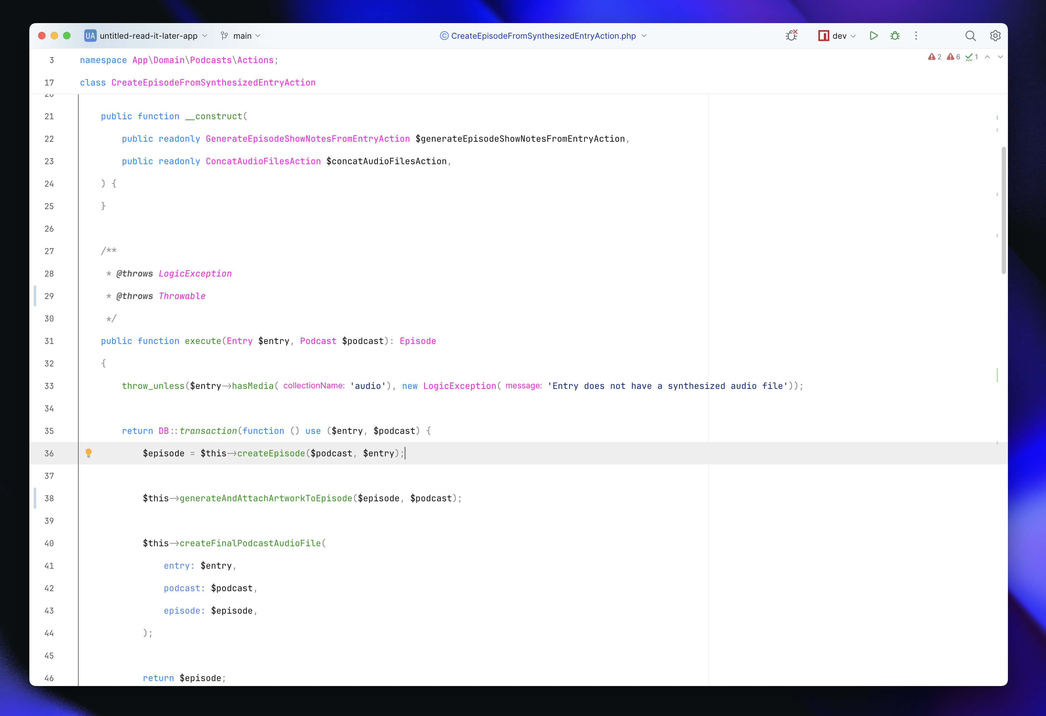 Screenshot of PhpStorm with laravel-stats open