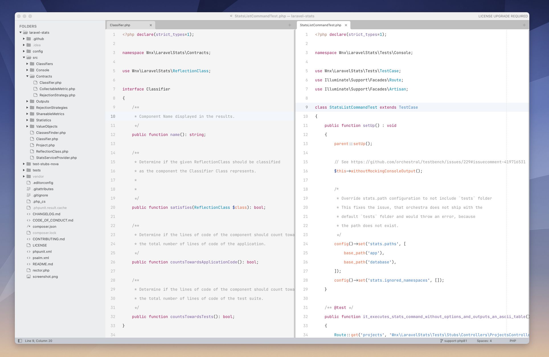 Screenshot of Sublime Text with laravel-stats open